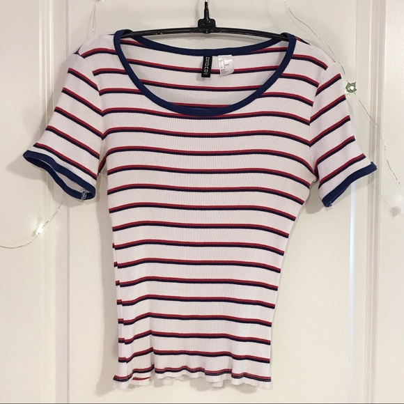 Divided Tops - Divided Red Blue and White Ribbed Tee